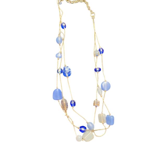 VJ Victoria Jousan Blue Beaded Necklace Long Silvertone Multistrand Glass Beads - Picture 4 of 9